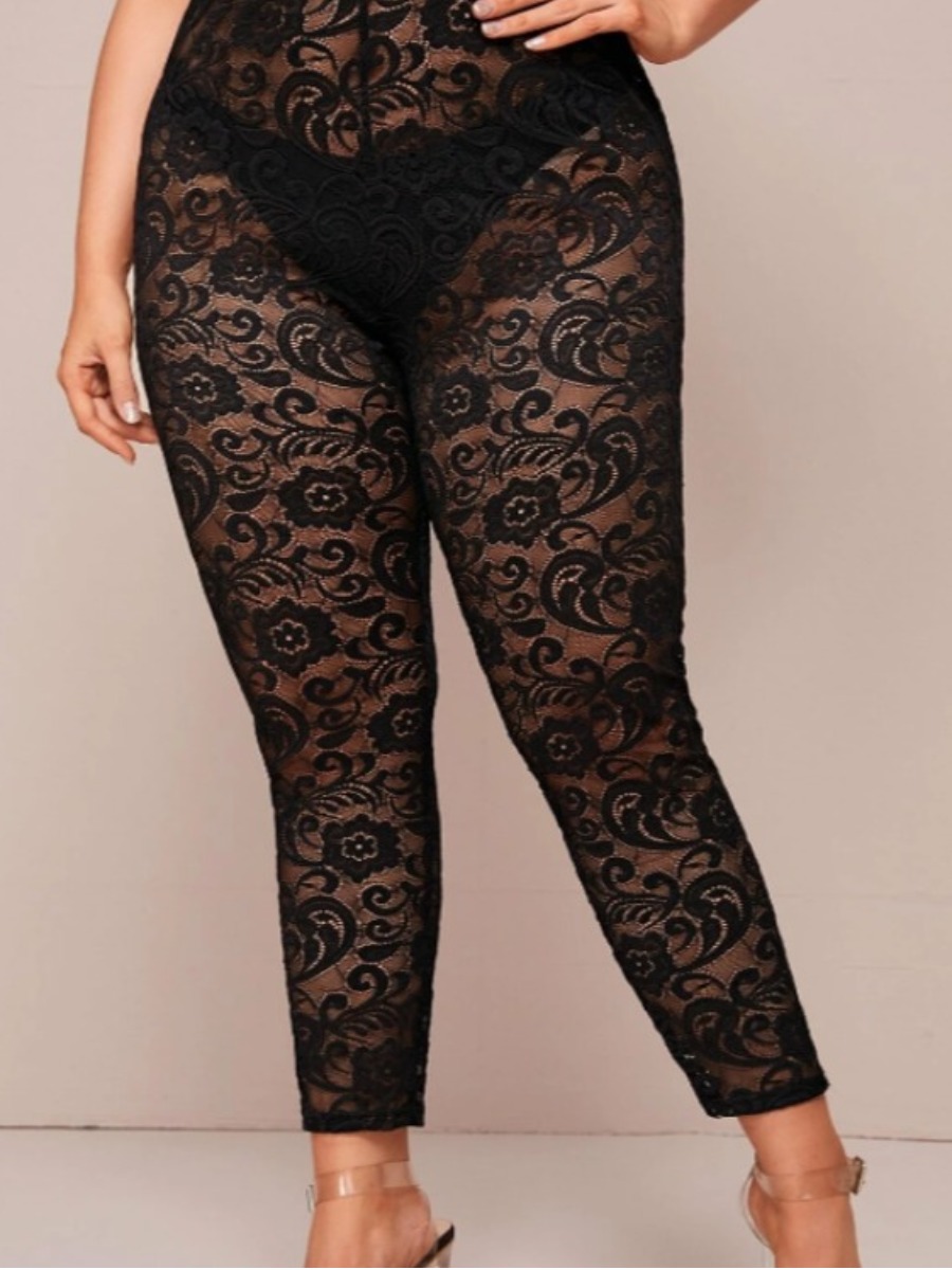 

Lovely Sexy Floral Mesh Patchwork Black Plus Size Pants