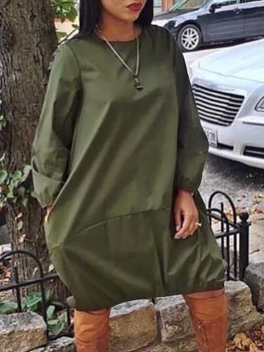 

Lovely Plus Size Casual O Neck Drawstring Army Green Knee Length Dress