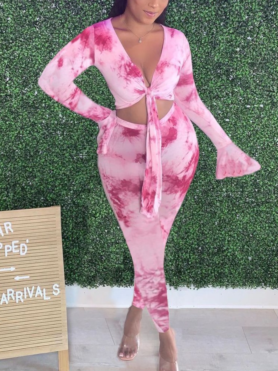 

Lovely Sexy Flared Tie Dye Bandage Design Pink Two Piece Pants Set