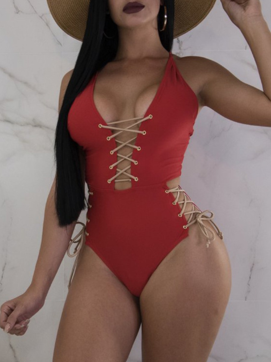

Lovely Trendy Bandage Hollow-out Design Red One-piece Swimsuit