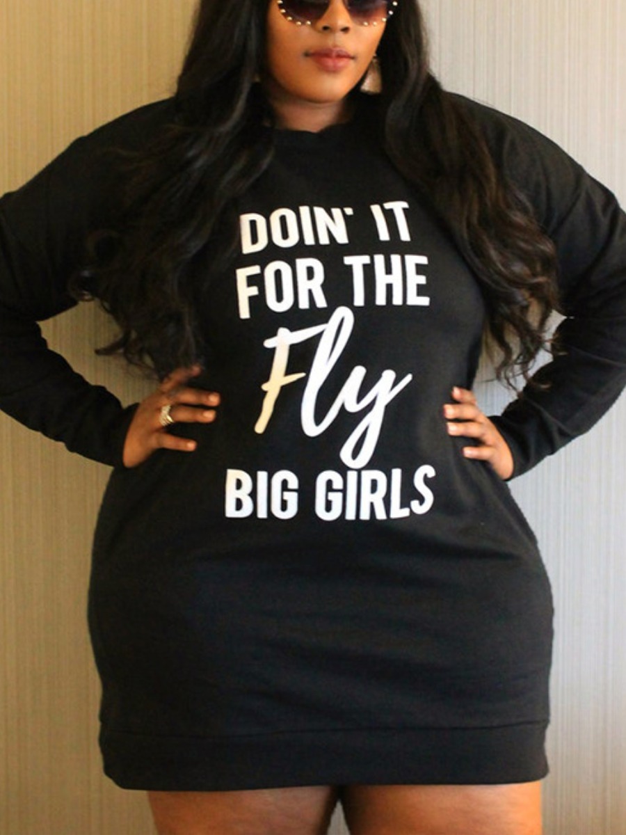 LW Plus Size Casual Hooded Collar Letter Print Black Mini Dress
