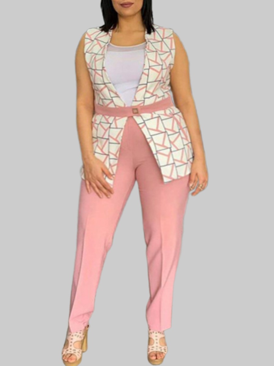 

Lovely Formal Geometric Print Patchwork Pink Plus Size Two-piece Pants Set