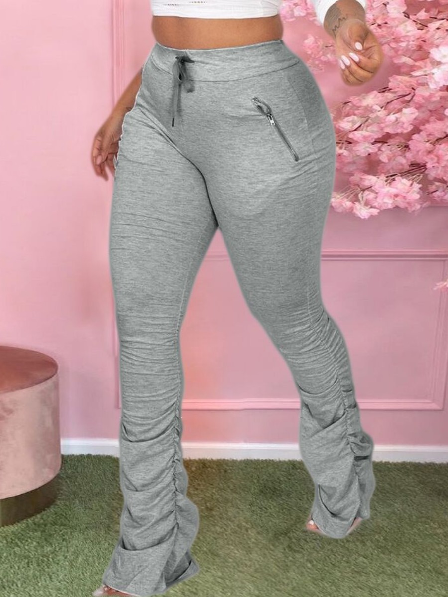 

Lovely Casual Mid Waist Drawstring Design Grey Pants