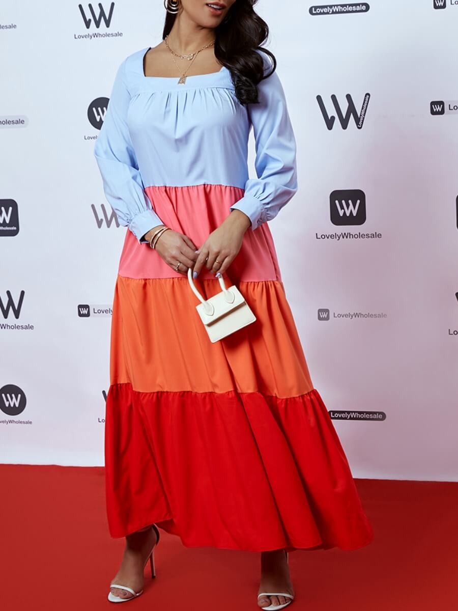 

Lovely Casual Square Neck Patchwork Blue Ankle Length Dress