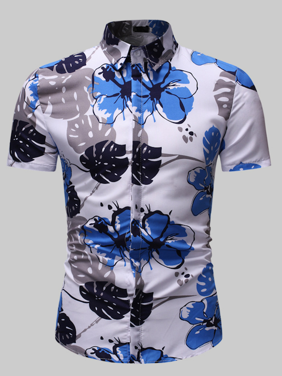 

Lovely Casual Turndown Collar Floral Print White Men Shirt