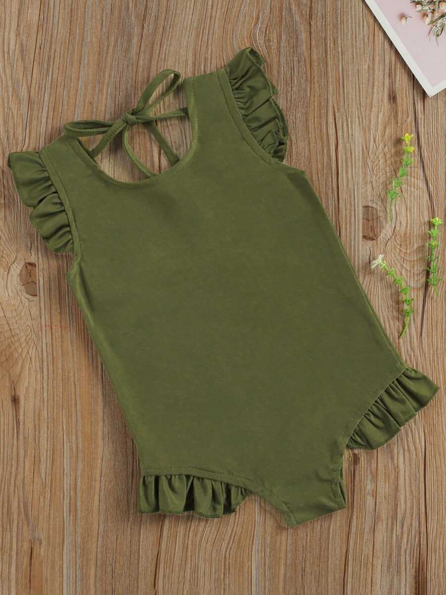 

Lovely Sweet Flounce Bandage Design Green Girl One-piece Swimsuit