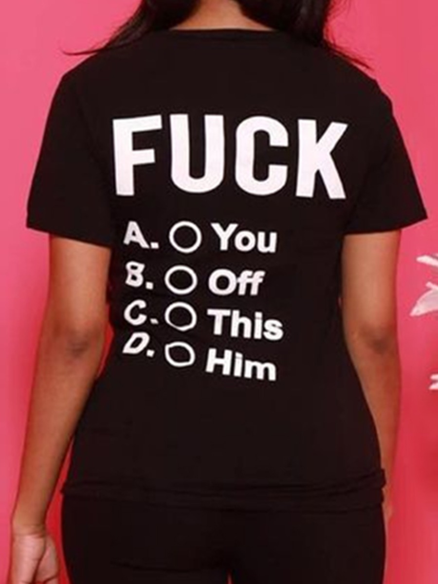 

Lovely Casual O Neck Letter Print Black T-shirt
