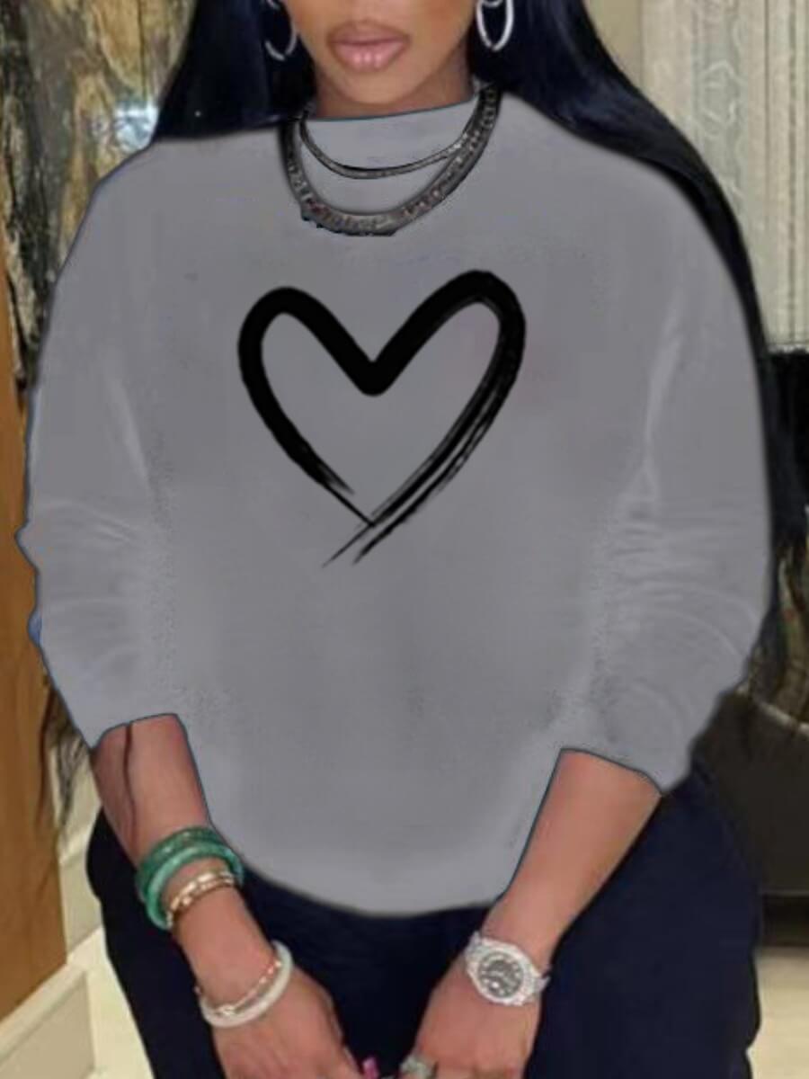 

Lovely Casual O Neck Heart-shaped Print Grey Plus Size Hoodie