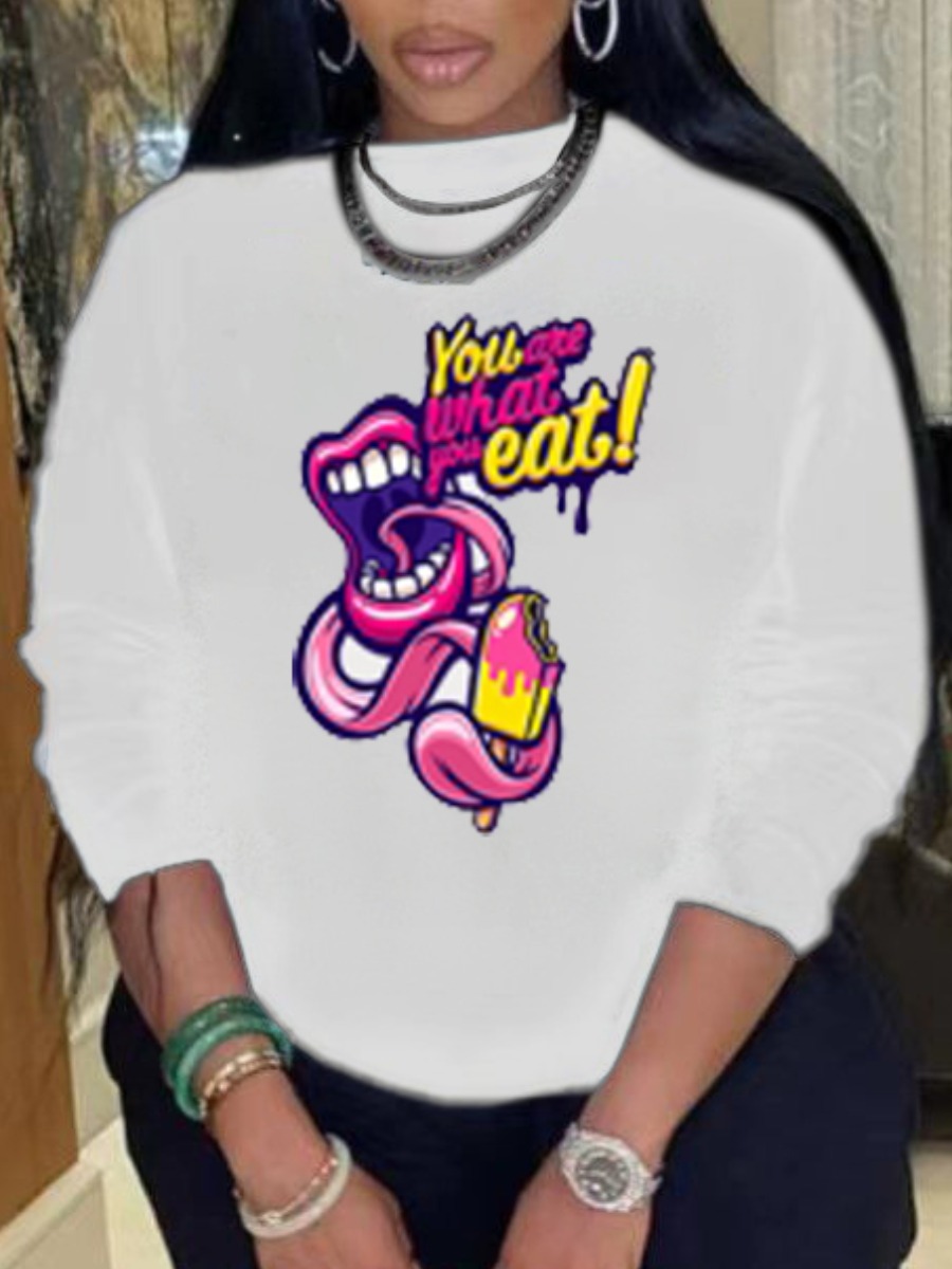 

Lovely Casual O Neck Lip Letter Print White Hoodie