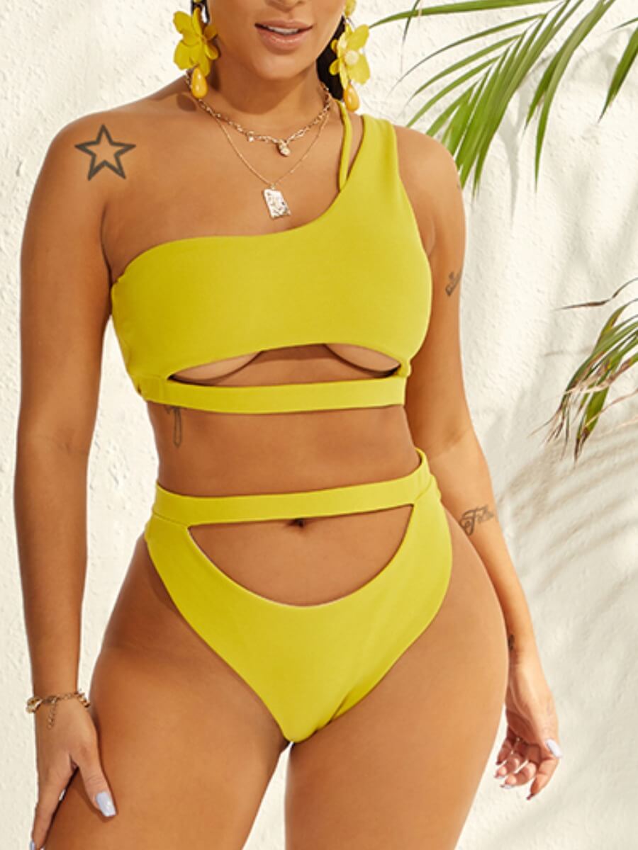 

LW Casual One Shoulder Hollow-out Yellow Tankini