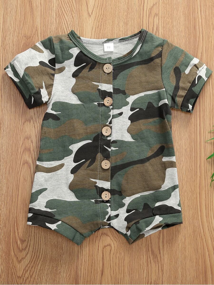 

Lovely Casual O Neck Camo Print Button Design Boy One-piece Romper