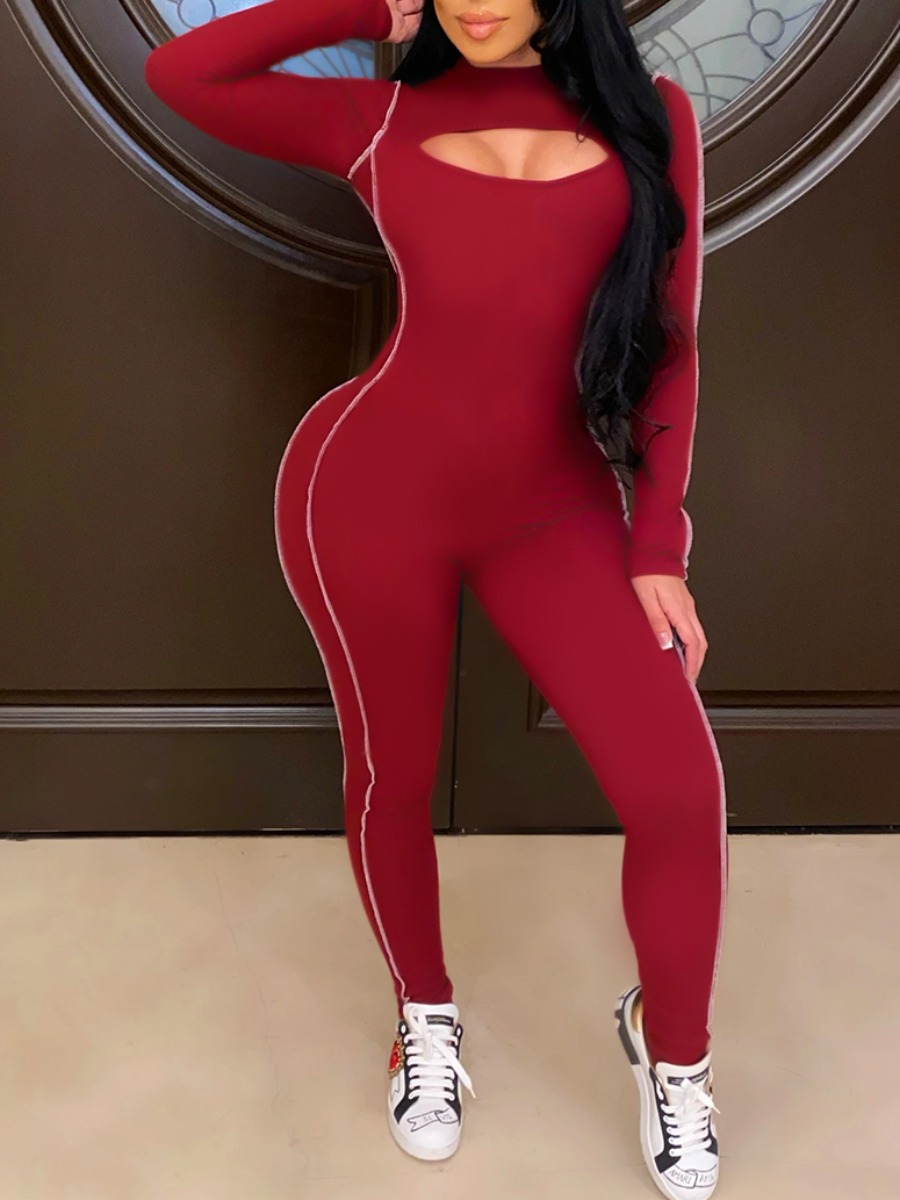 

Lovely Sweet Hollow-out Striped Wine Red One-piece Jumpsuit