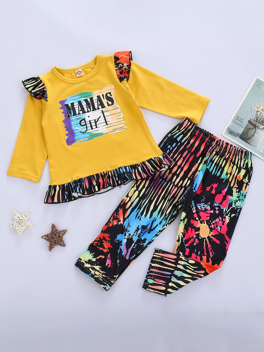 

Lovely Casual Flounce Design Letter Graffiti Print Yellow Girl Two Piece Pants Set