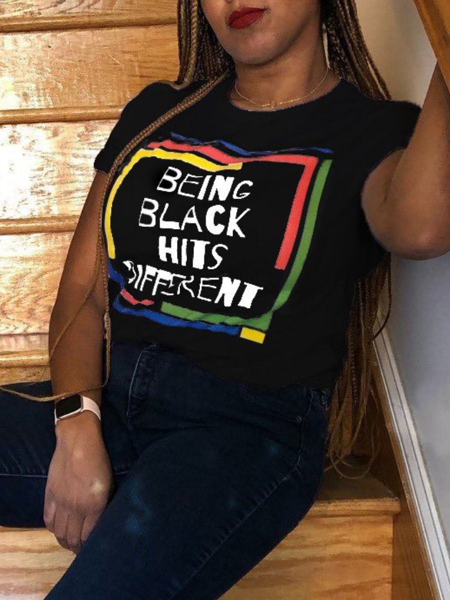 

LW BASICS Casual O Neck Letter Print Black T-shirt
