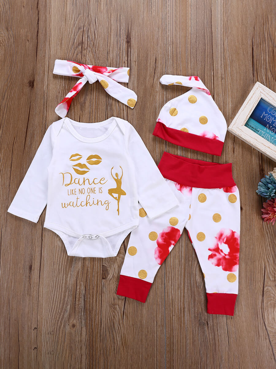 

Lovely Sweet Lip Letter Dot Print White Girl Four Piece Pants Set