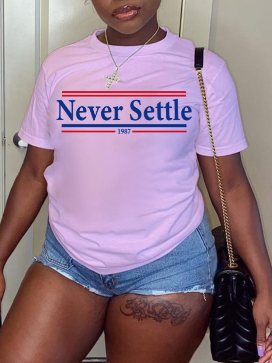 

Lovely Casual O Neck Letter Print Pink Plus Size T-shirt