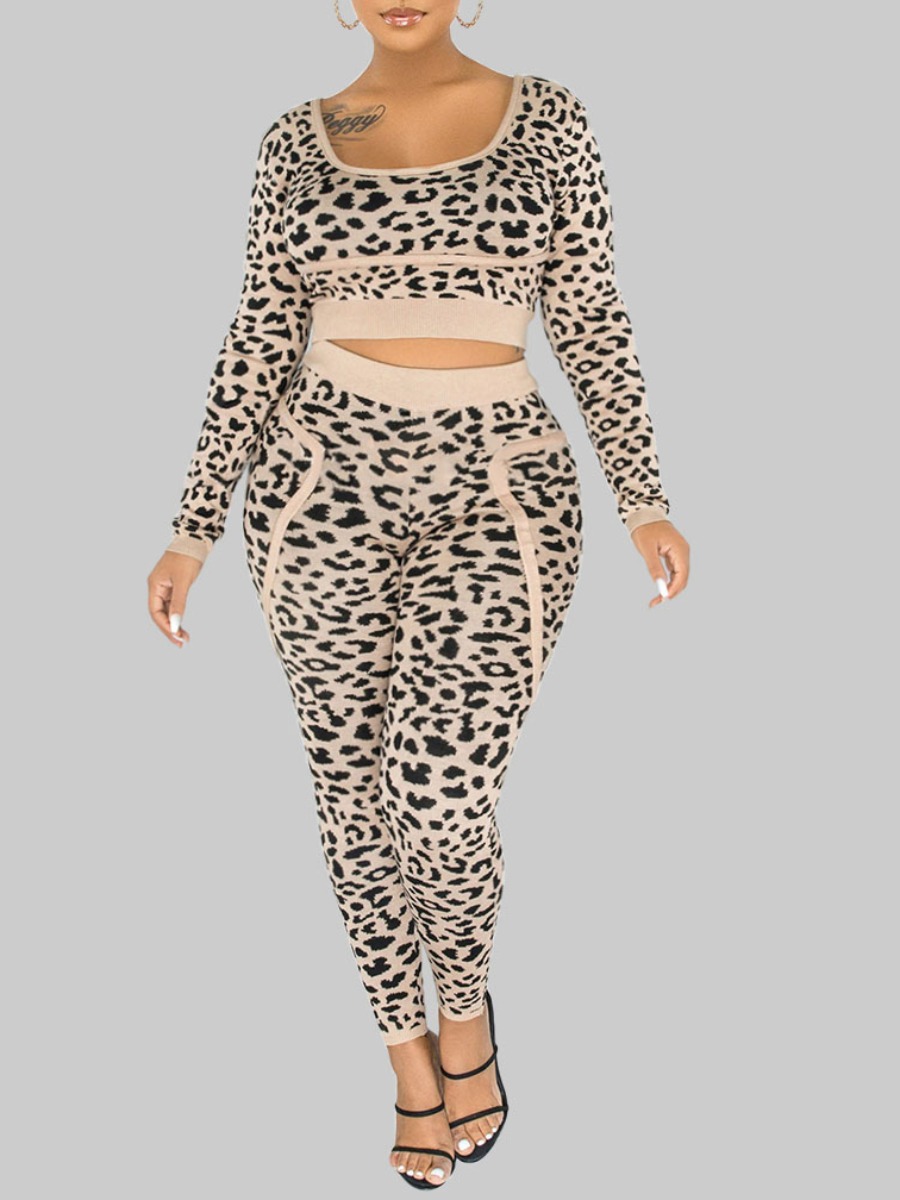 

Lovely Sweet U Neck Leopard Print Apricot Plus Size Two-piece Pants Set