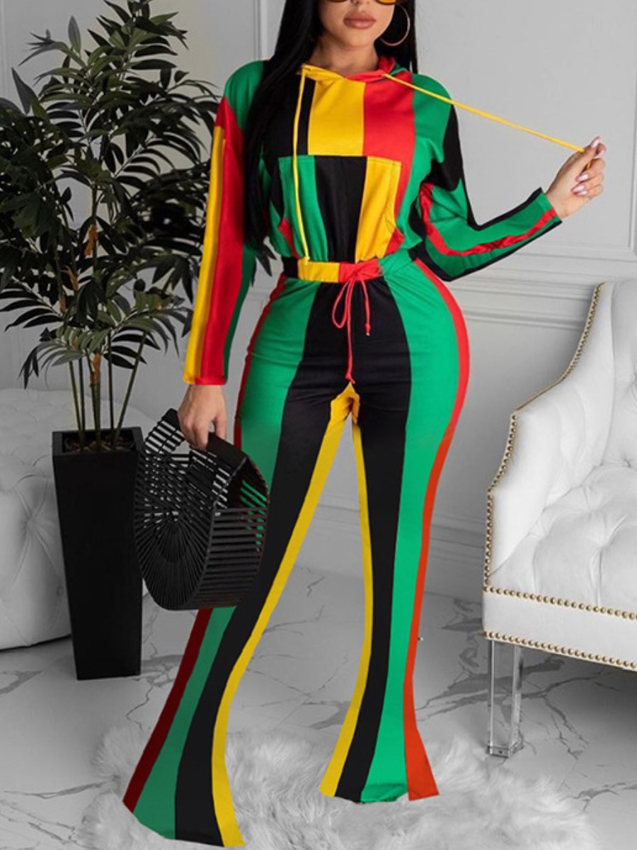 

Lovely Casual Color-lump Patchwork Drawstring Flared Multicolor Two Piece Pants Set, Multi