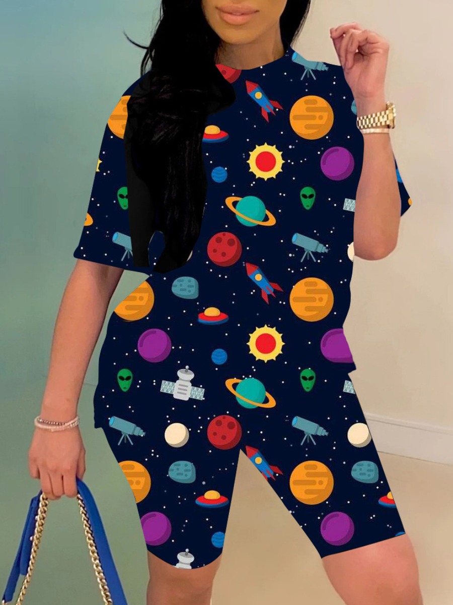 

Lovely Casual O Neck Cartoon Print Black Two Piece Shorts Set