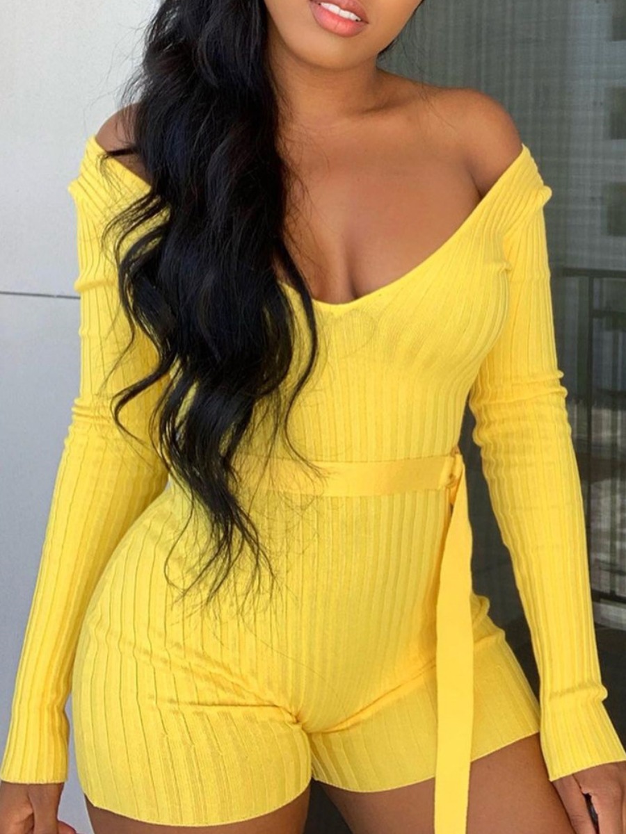 

Lovely Casual Rib-Knit Bandage Design Yellow One-piece Romper