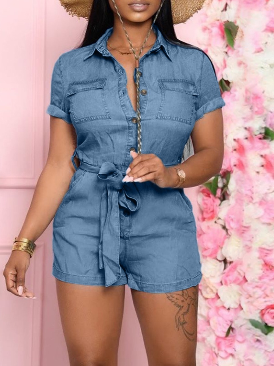 

Lovely Casual Turndown Collar Bandage Design Blue One-piece Romper