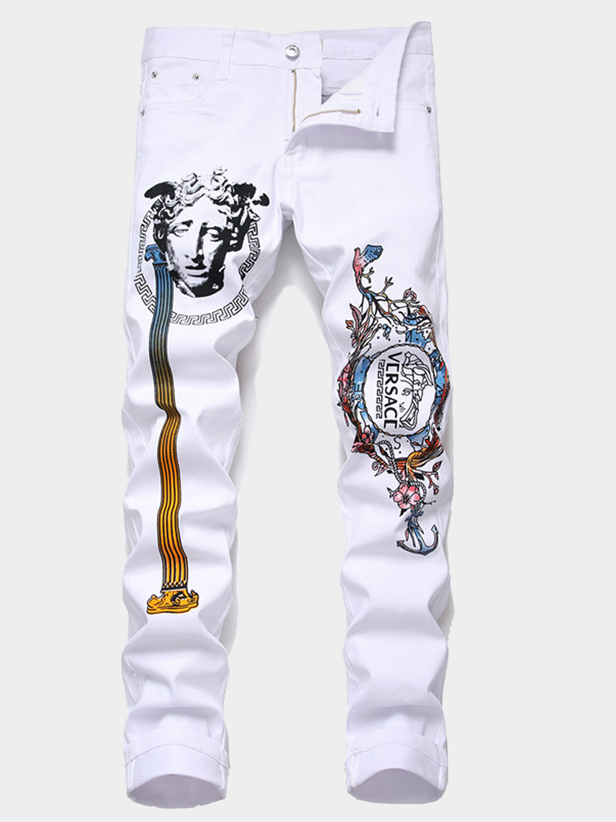 

Lovely Casual Mid Waist Graffiti Print White Men Jeans