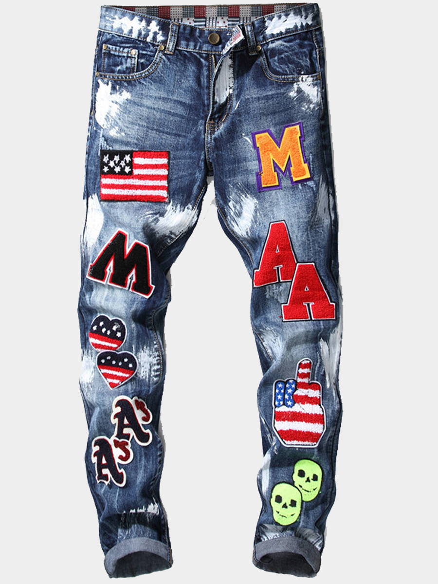 

Lovely Casual Flag Letter Print Blue Men Jeans