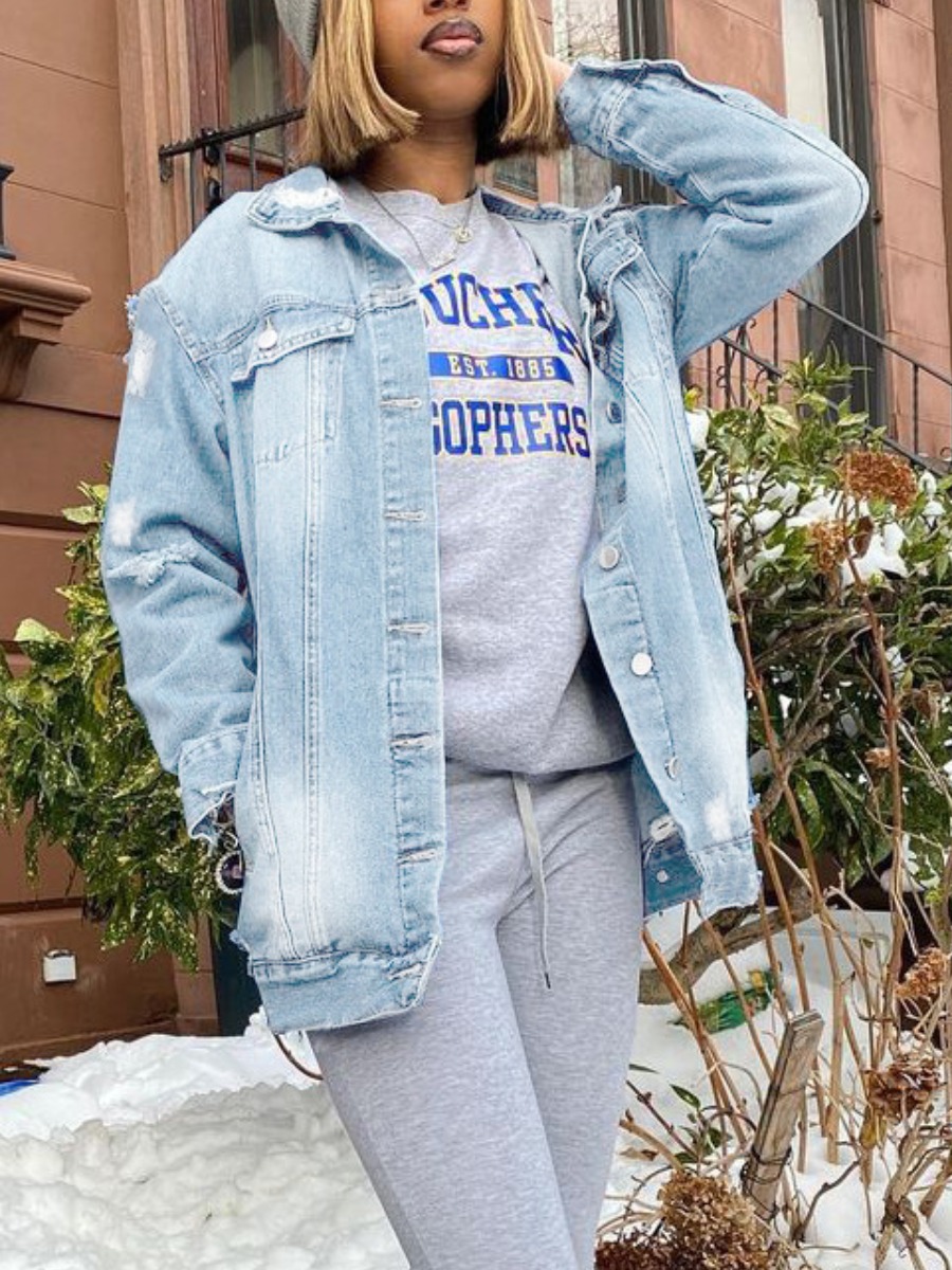 

Lovely Casual Turndown Collar Broken Holes Baby Blue Denim Coat