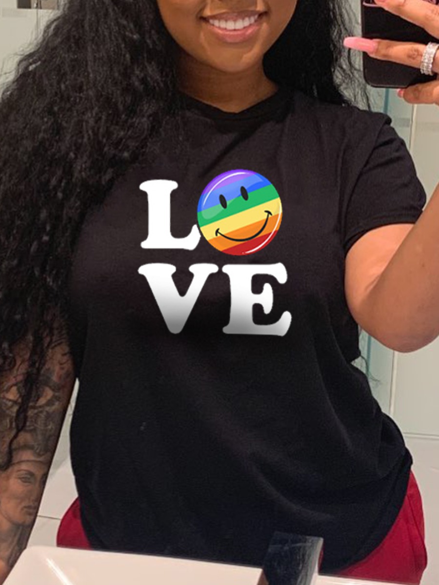 

Lovely Casual Letter Smiley Face Print Black T-shirt