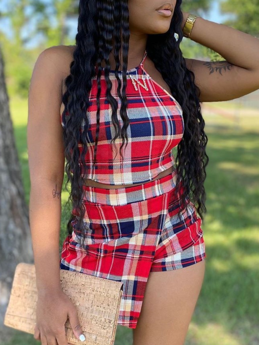 

LW Sweet Plaid Print Asymmetrical Red Two Piece Shorts Set