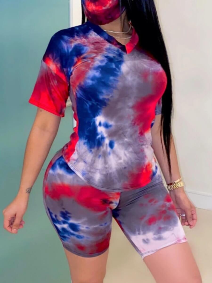 

Lovely Casual V Neck Tie Dye Purple Two Piece Shorts Set