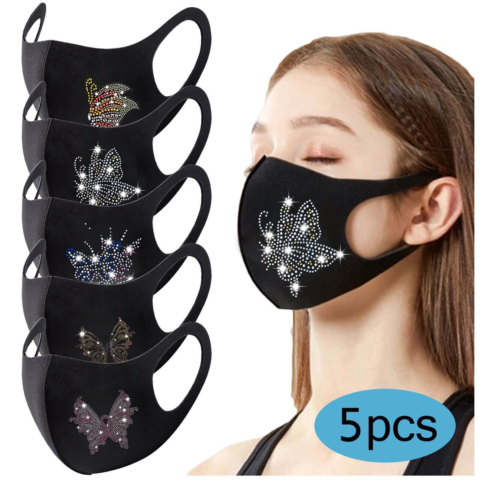 

Lovely Chic Butterfly Sequined Black Face Mask (With Five)