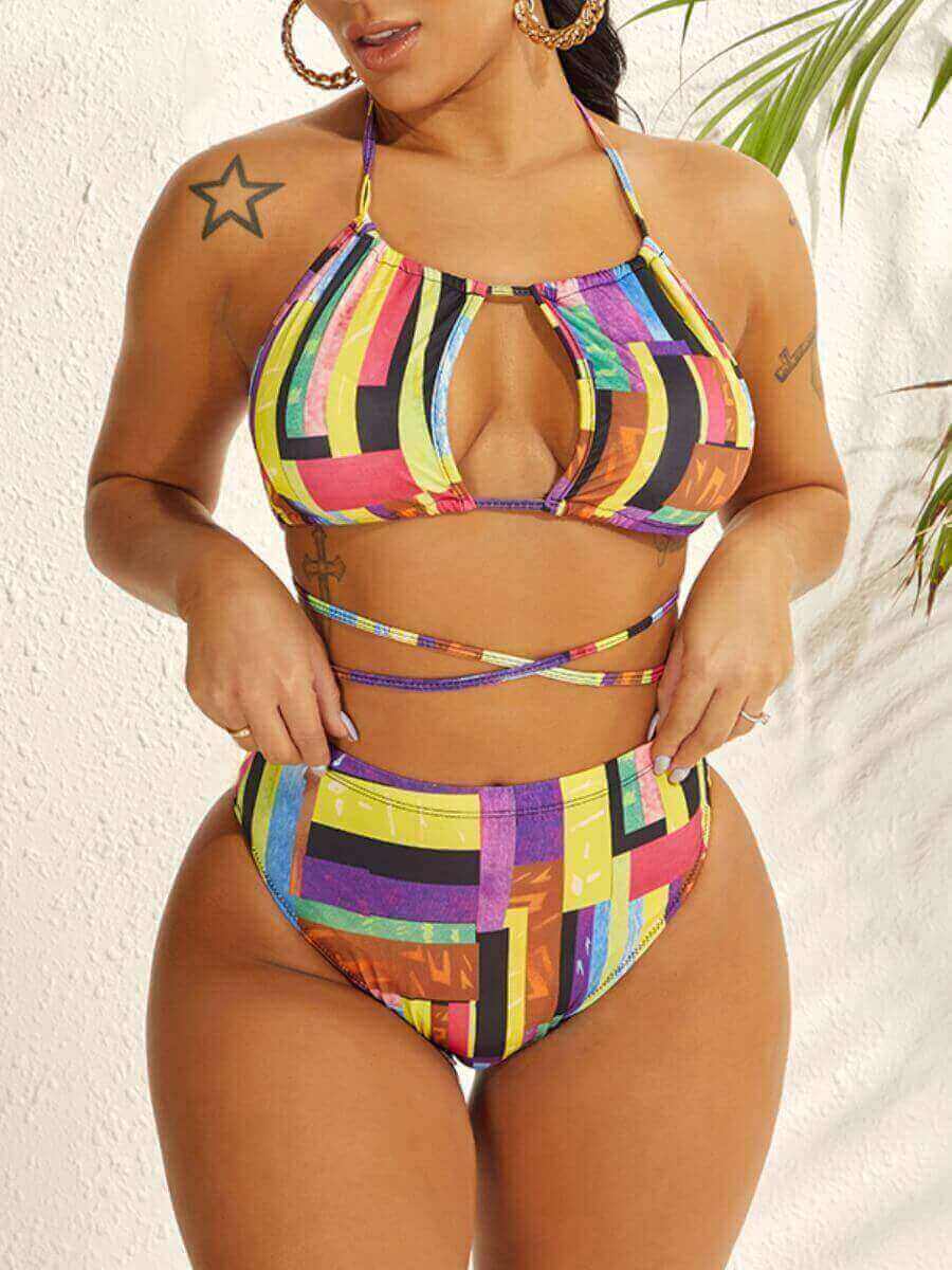 

Lovely Casual Color-lump Patchwork Bandage Hollow-out Design Multicolor Two-piece Swimsuit, Multi