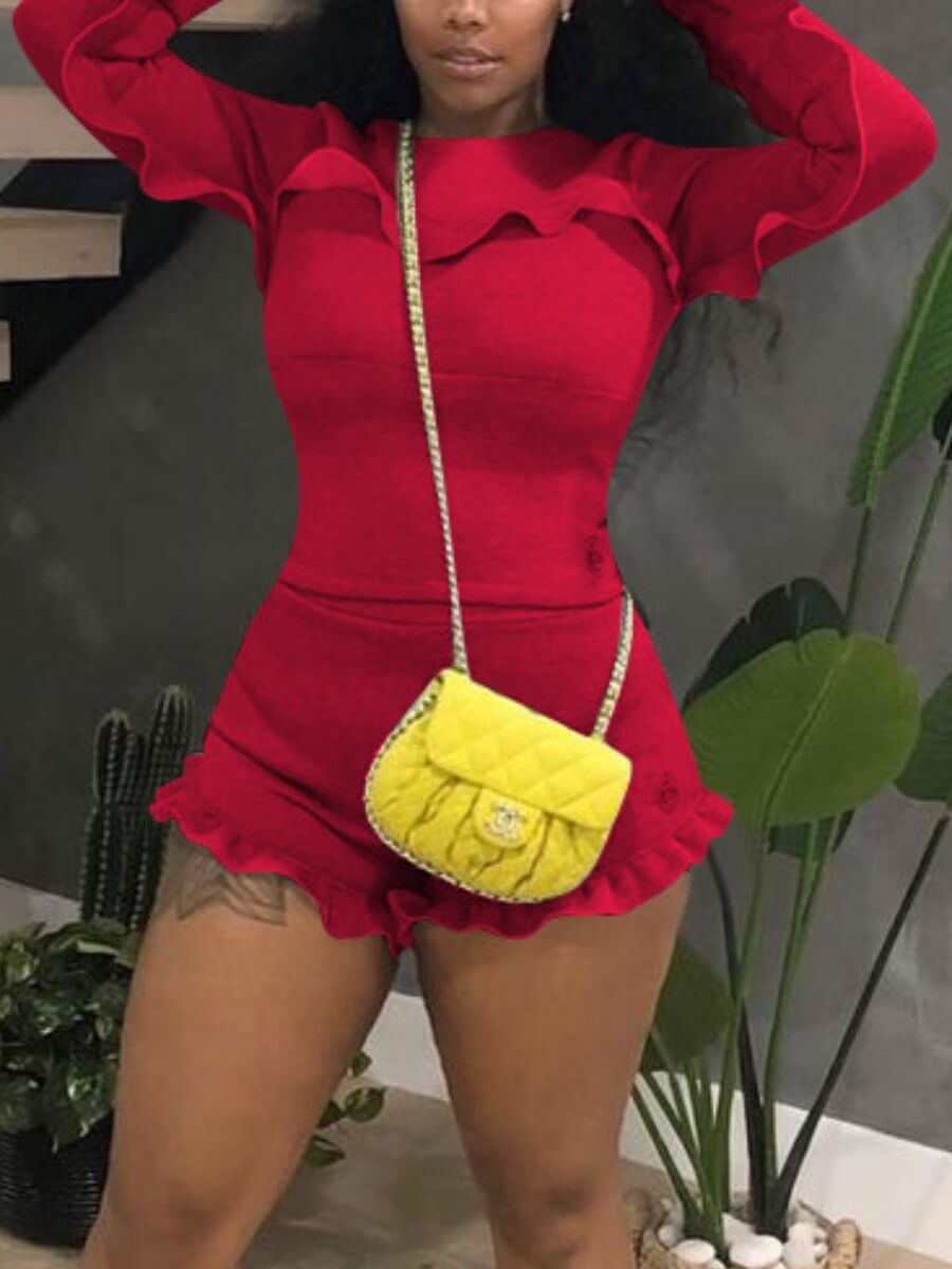

Lovely Casual O Neck Flounce Design Red Two Piece Shorts Set