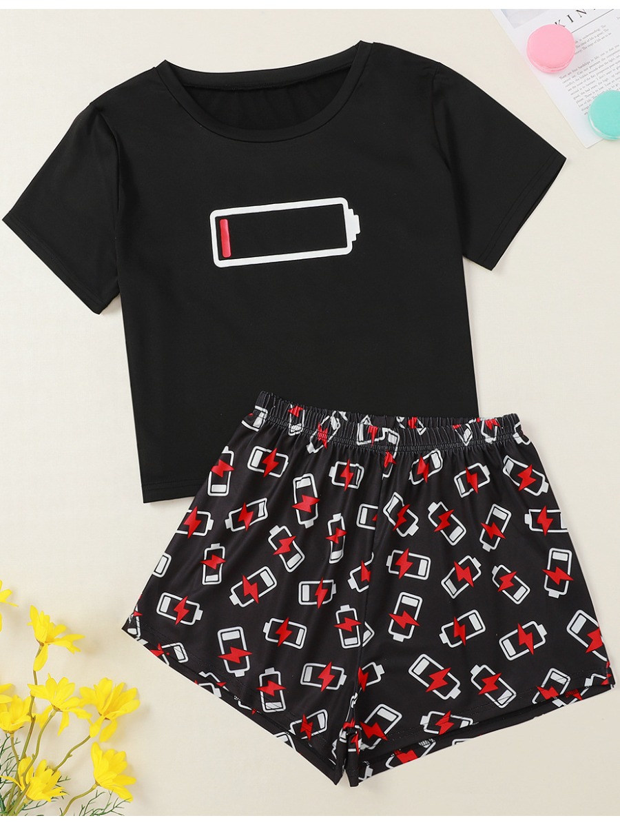 

Lovely Casual O Neck Battery Print Black Loungewear