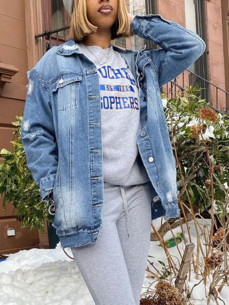 

Lovely Casual Turndown Collar Broken Holes Deep Blue Denim Coat
