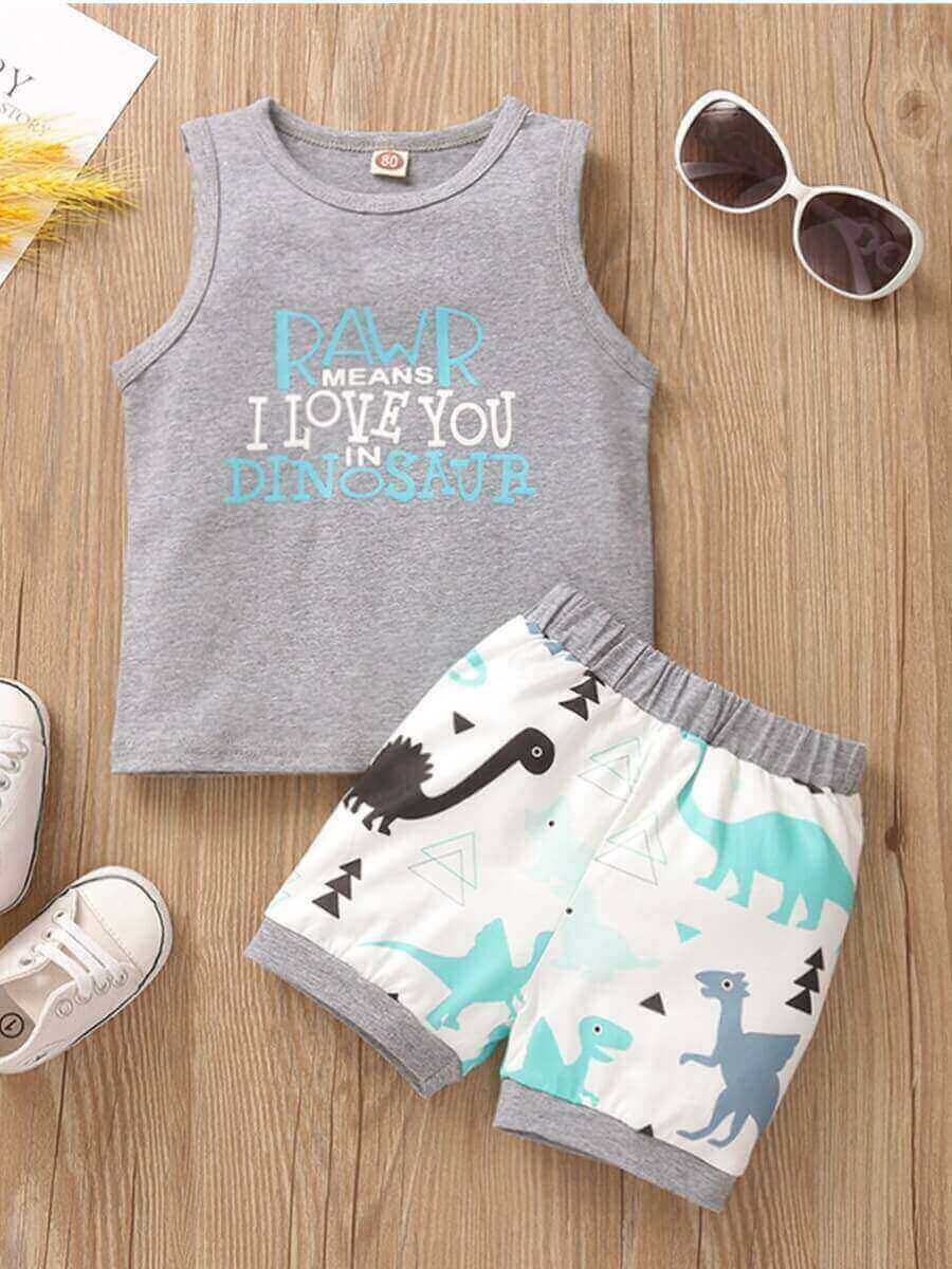 

Lovely Casual Letter Cartoon Print Patchwork Grey Boy Two Piece Shorts Set