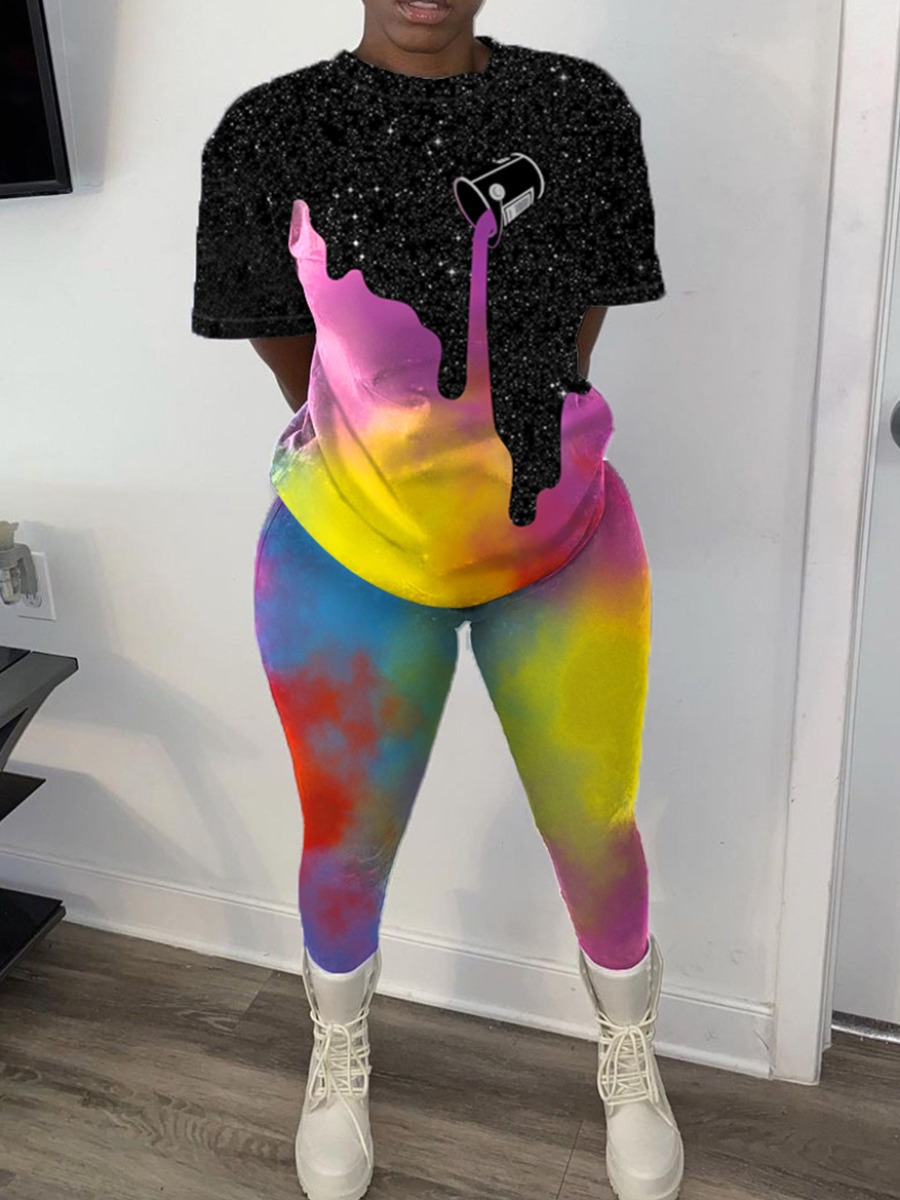 

Lovely Casual Starry Sky Print Tie Dye Black Two Piece Pants Set
