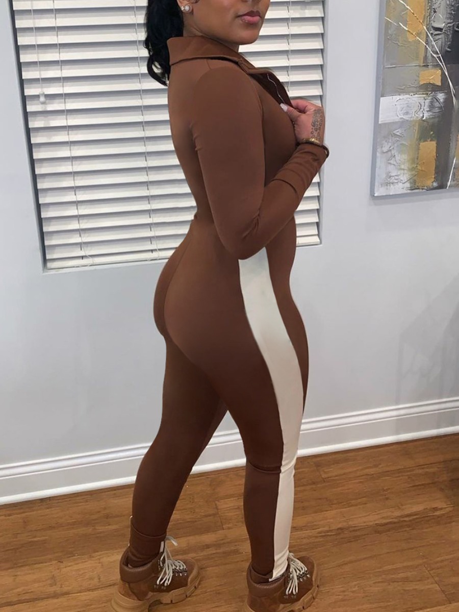 

LW Casual Striped Zipper Design Brown One-piece Jumpsuit