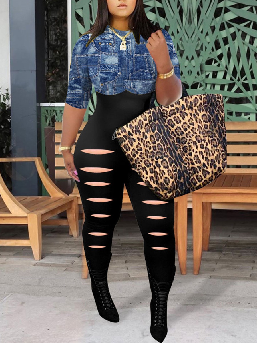 

LW Casual O Neck Broken Holes Patchwork Blue One-piece Jumpsuit