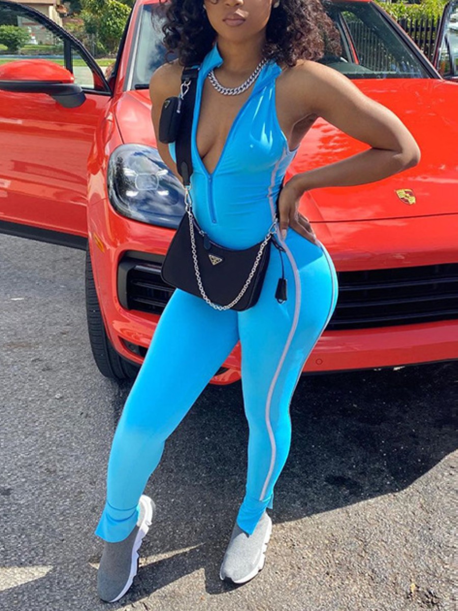 

LW Casual Zipper Design Striped Patchwork Blue One-piece Jumpsuit