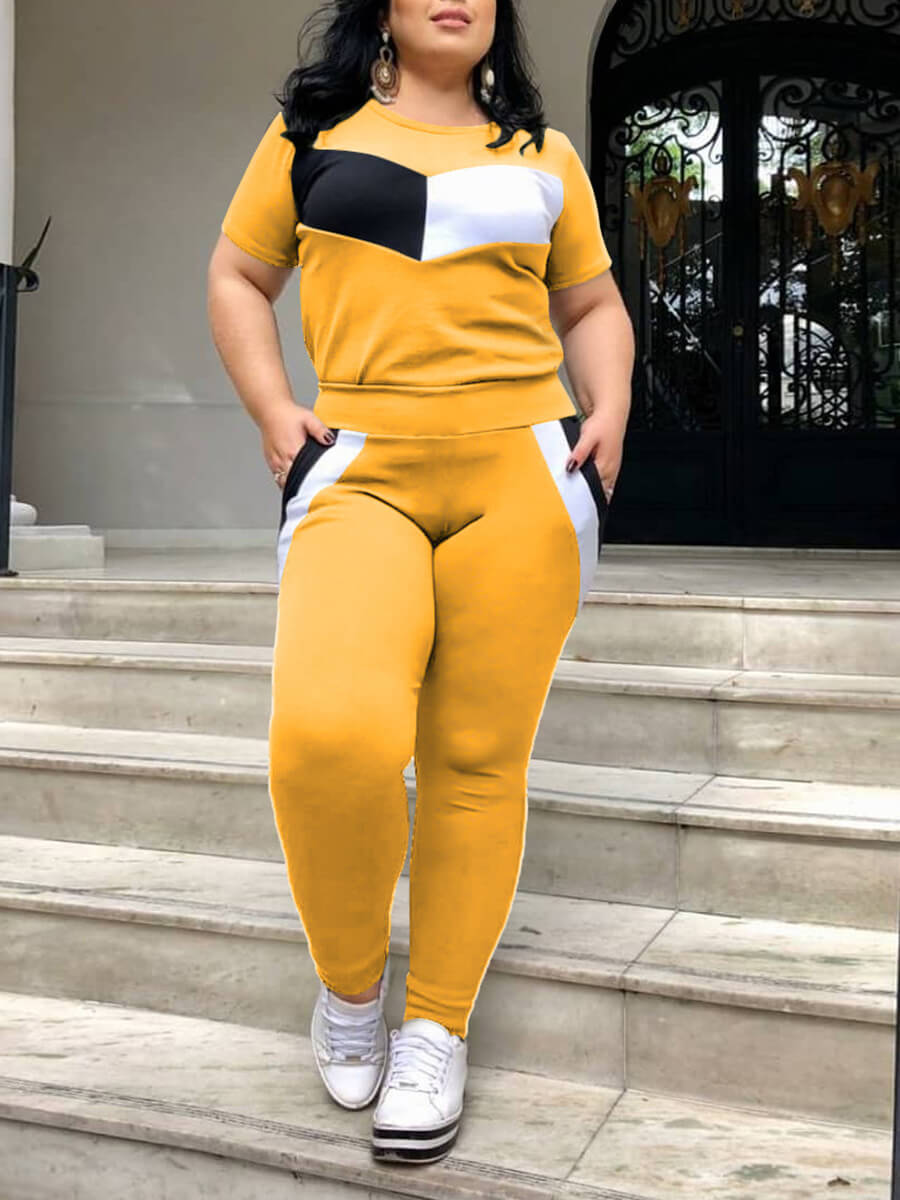 

Lovely Casual O Neck Patchwork Yellow Plus Size Two-piece Pants Set