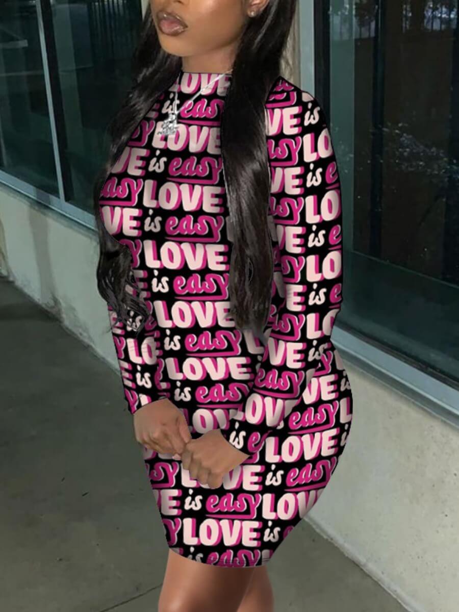

Lovely Street O Neck Letter Print Skinny Pink Mini Dress