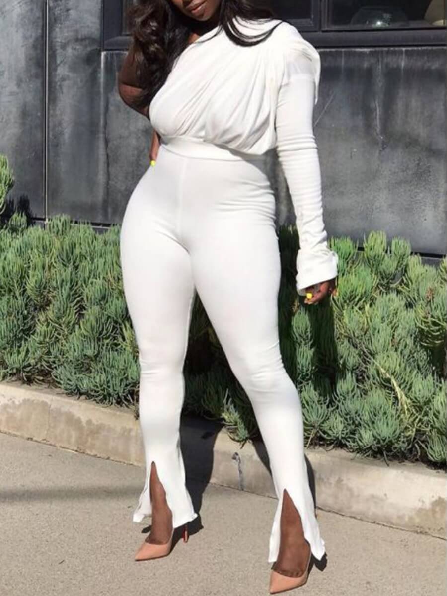 

Lovely Work One Shoulder Split White One-piece Jumpsuit