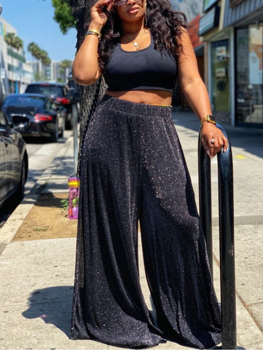 

LW Casual U Neck Sequined Flared Black Two Piece Pants Set