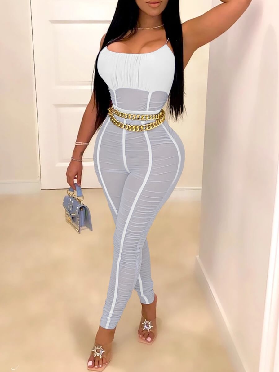 

Lovely Casual Mesh Patchwork Fold Design White One-piece Jumpsuit (Without Belt)