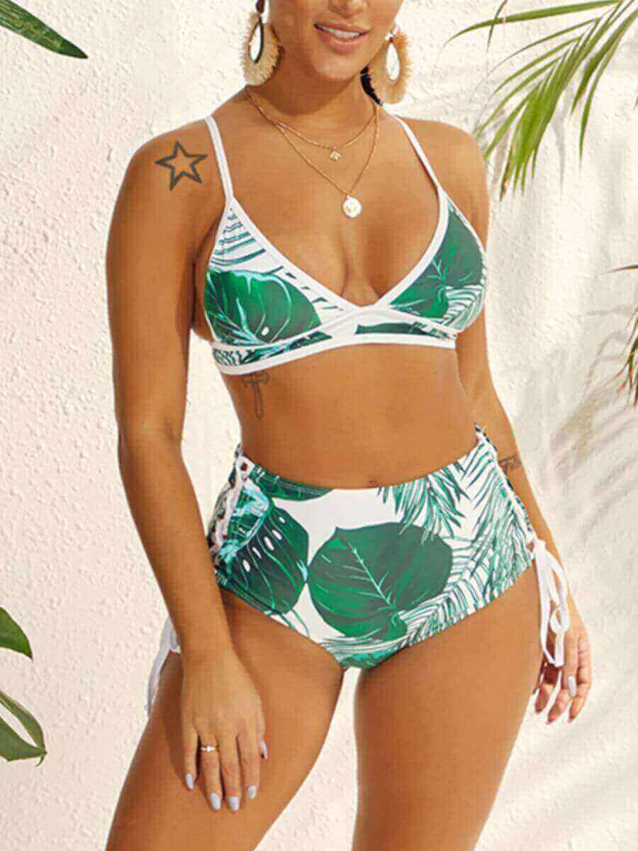 

Lovely Casual Leaf Print Drawstring Green Two-piece Swimsuit