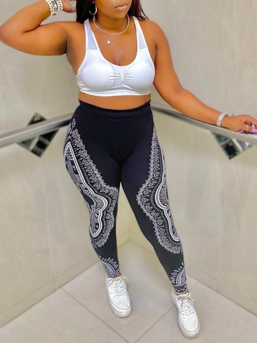 LW Sportswear U Neck Print Patchwork Black Two Piece Pants Set