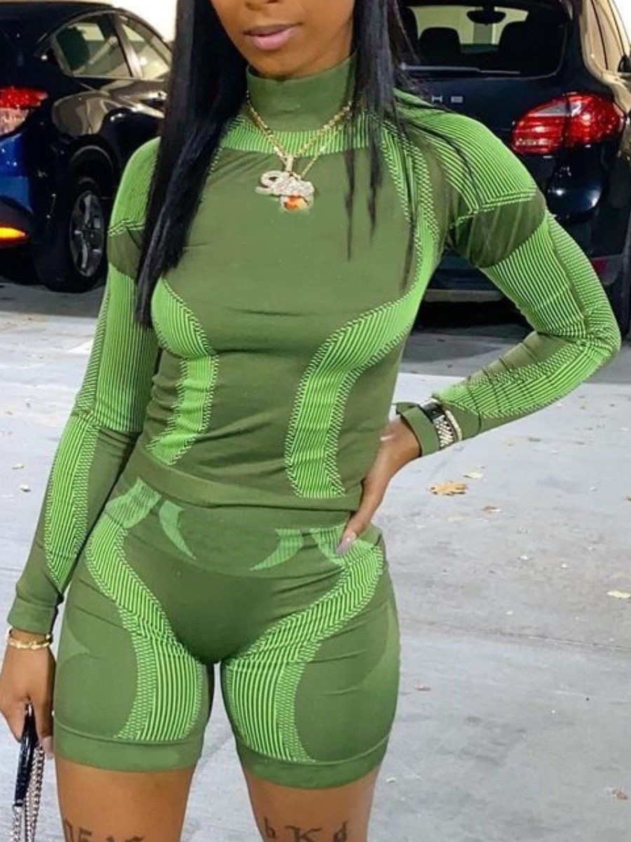 LW Sportswear Turtleneck Striped Patchwork Green Two Piece Shorts Set
