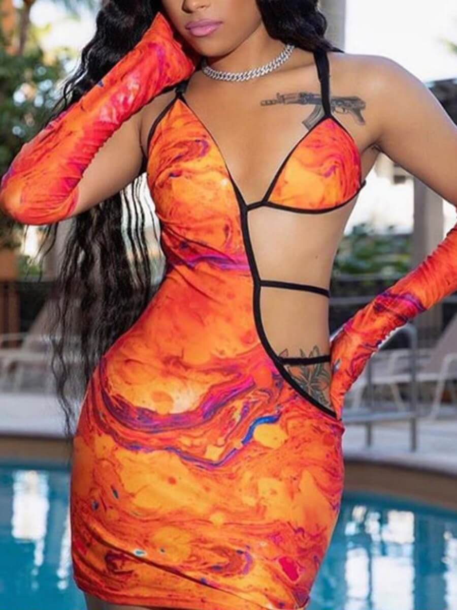 

Lovely Chic Tie-dye Hollow-out Asymmetrical Orange Mini Dress